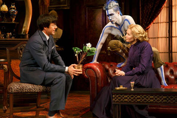 Lorenzo Pisoni, Carson Elrod, and Jennifer Westfeldt in Nell Benjamin’s “The Explorers Club,” directed by Marc Bruni. | JOAN MARCUS