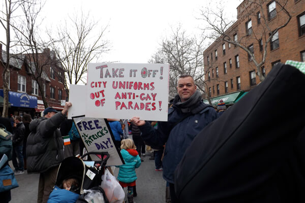 Activist John Francis Mulligan protesting the participation of uniformed city workers in the discriminatory March 17 Fifth Avenue parade. | GAY CITY NEWS 
