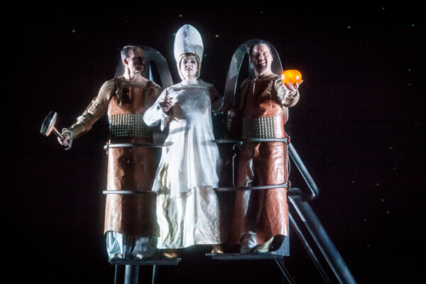 Ryan McKinny, Melody Moore, and Chad Shelton in the Houston Grand Opera’s production of “Das Rheingold.” | LYNN LANE/ HOUSTON GRAND OPERA 