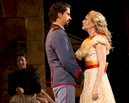Hamish Linklater and Lily Rabe in William Shakespeare’s  “Much Ado About Nothing,” directed by Jack O’Brien, in Central Park through July 6. | JOAN MARCUS 