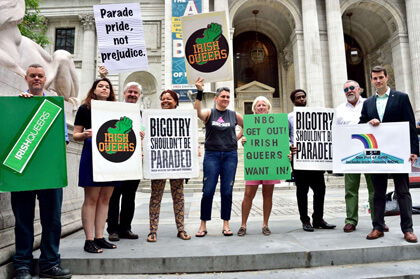 Activists on the steps of the Public Library on September 9 demanding full inclusion in next year's St. Patrick's Day Parade. | DONNA ACETO