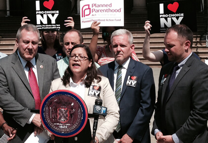 Councilmembers Daniel Dromm, Rosie Mendez, Jimmy Van Bramer, and Corey Johnson at a September 5 press conference denouncing their colleague Fernando Cabrera. | GAY CITY NEWS