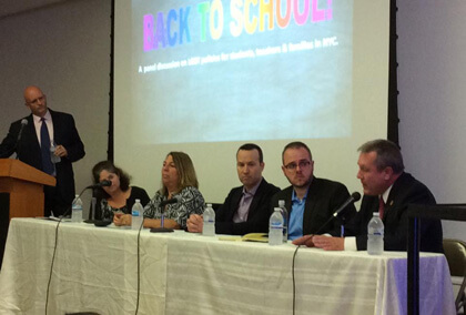 Lois Herrera, Elayna Konstan, Michael Silverman, Jared Fox, and Councilmember Daniel Dromm in the September 17 public schools panel moderated by Gay City News’ Paul Schindler. | COURTESY: MELISSA SKLARZ