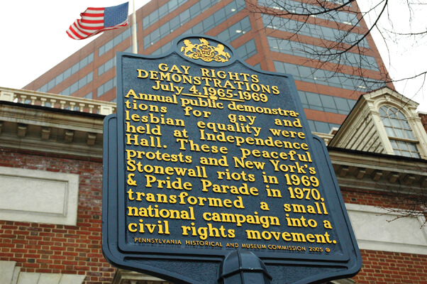The commemorative marker that the Pennsylvania Historical and Museum Commission placed across the street from Independence Hall in 2005. | K. CIAPPA/ EQUALITY FORUM 