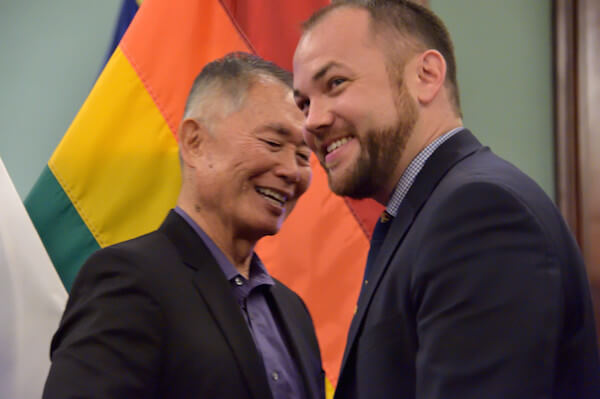 George Takei with Councilmember Corey Johnson.