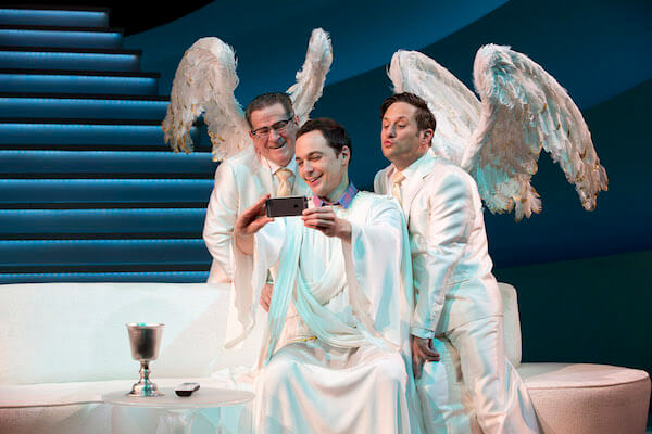 Tim Kazurinsky, Jim Parsons, and Christopher Fitzgerald in David Javerbaum’s “An Act of God,” directed by Joe Mantello. | JEREMY DANIEL 