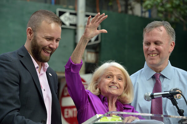 Edie Windsor, whose 2013 victory over the Defense of Marriage Act was cited over and over again by federal courts that since then ruled for marriage equality. with Brian Silva, executive director of Marriage Equality New York, and Michael Adams, executive director of SAGE. | DONNA ACETO