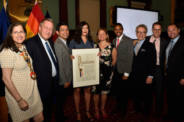 Krystal Portalin (fourth from l.) with Councilmembers Helen Rosenthal, Daniel Dromm, and Carlos Menchaca, Speaker Mark-Viverito, and Councilmembers Ritchie Torres, Jimmy Vacca, Mark Levine, and Corey Johnson.  | DONNA ACETO