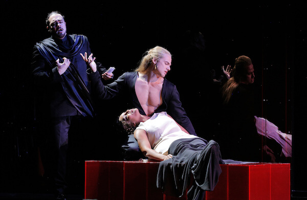 Gerard Schneider, Douglas Williams, and Talise Trevigne in James Darrah’s production of Pietro Mascagni’s “Iris” at Bard SummerScape. | CORY WEAVER 