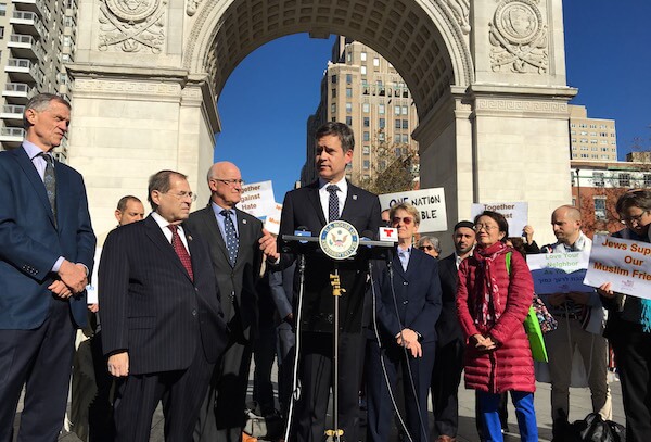 State Senator Brad Hoylman is joined by Congressmember Jerrold Nadler, State Assemblymember Deborah Glick, and City Councilmember Margaret Chin in a Washington Square press conference denouncing the recent spike in hate crimes. | OFFICE OF STATE SENATOR BRAD HOYLMAN 