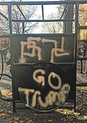 Parents found swastikas and the phrase “Go Trump” scrawled on playground equipment when they took their kids to play in Brooklyn’s Adam Yauch Park on November 17. | OFFICE OF STATE SENATOR DANIEL SQUADRON 