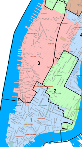 The City Council lines for Lower Manhattan, with the new boundaries shown in black outline. | NEW YORK CITY DISTRICTING COMMISSION 