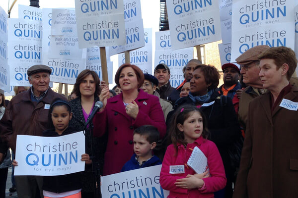 City Council Speaker Christine Quinn, joined by her father-in-law, Anthony Catullo (l.), her wife, Kim Catullo, and her sister Ellen and father Lawrence (r.) | GAY CITY NEWS