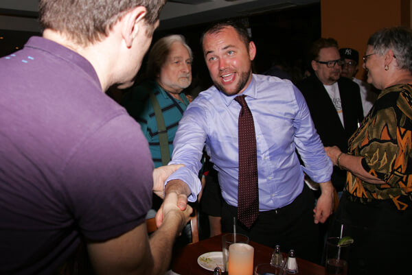 Corey Johnson celebrates his victory with supporters on primary night. | SAM SPOKONY