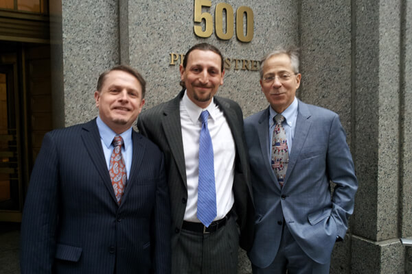 Robert Pinter with his attorneys Jeffrey A. Rothman and James I. Meyerson outside the US District Court on Peal Street in Manhattan. | COURTESY: ROBERT PINTER