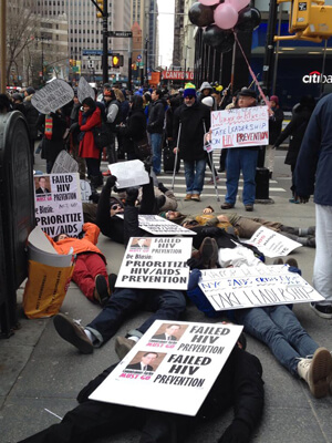 ACT UP demonstrators staged a die-in outside the January 1 inauguration of Mayor Bill de Blasio, demanding among other things that a new health commissioner be named. | ACT UP NY 