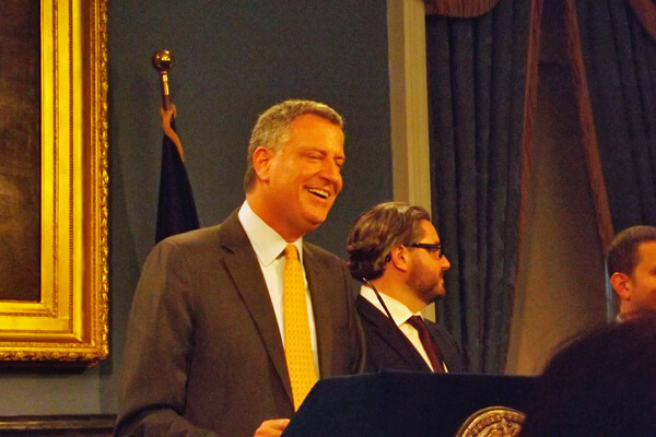 Mayor Bill de Blasio at a January 6 press conference. | GAY CITY NEWS