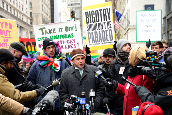 Allen Roskoff (with Bill Dobbs, on the left behind him) speaks at the Irish Queers press conference. | DONNA ACETO 