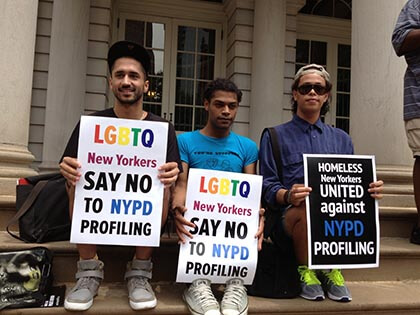 Mitchyll Mora (left) was among a group of young people who turned out at a City Hall rally several years ago opposing the profiling of LGBTQ New Yorkers. | STREETWISE AND SAFE