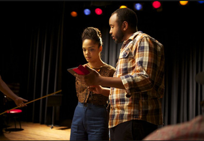 Director Justin Simien on the set of “Dear White People” with Tessa Thompson. | ROADSIDE ATTRACTIONS 