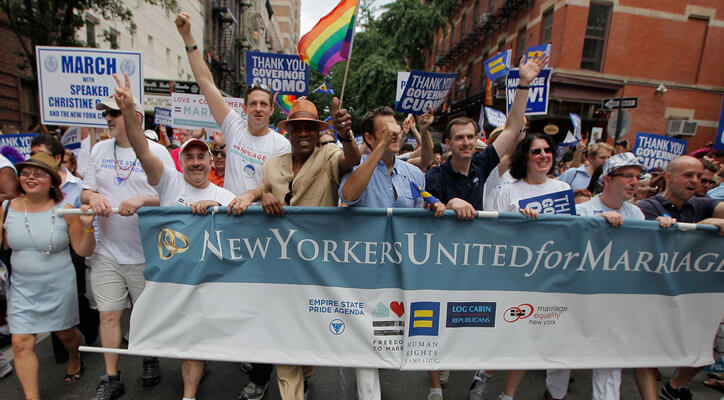 Marc Solomon, with his fist pump highest in the air, joins other advocates in celebrating New York’s enactment of marriage equality in the 2011 LGBT Pride March in Manhattan. | MARCSOLOMON.COM 