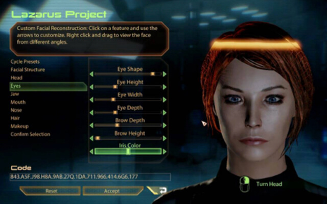 The user interface for customizing Commander Shepard.