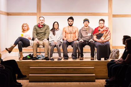 Jessica Almasy, Erik Lochtefeld, Sakina Jaffrey, Babak Tafti, Brad Heberlee, and Marcia DeBonis in by Bess Wohl’s “Small Mouth Sounds,” directed by Rachel Chavkin, at Ars Nova through April 24. | BEN ARONS 