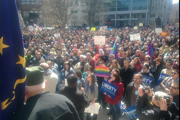 Hundreds of LGBT protesters and their allies converged on the Indiana State Capitol in Indianapolis on March 28. | FREEDOM INDIANA
