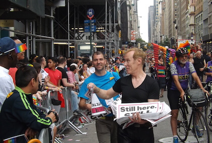 Ken Kidd (in black V-neck) hands out the manifesto. | GAY CITY NEWS 