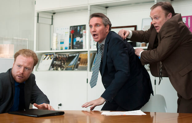 Jochum ten Haaf, Peter Blok, and Pieter Tiddens in Paul Verhoeven’s “Tricked.” | KINO LORBER