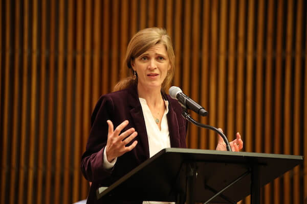 Samantha Power, the US ambassador to the United Nation, keynoting the New York premiere of “Out of Iraq.” | MICHAEL LUONGO 