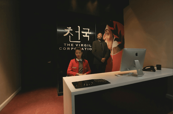 The entryway to the Virgil Corporation in “Paradiso: Chapter 1,” Michael Counts’ immersive experience staged at an undisclosed Manhattan location. | CALEB SHARP 