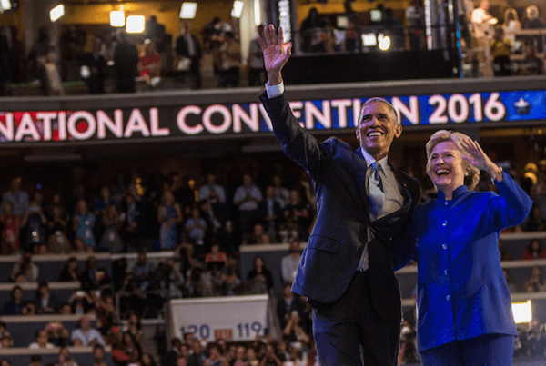 Don’t boo –– vote: President Barack Obama and Democratic presidential nominee Hillary Clinton following the president’s convention speech on Thursday evening. | DNC 