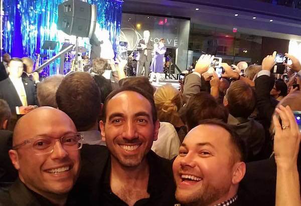 City Councilmember Corey Johnson celebrates with Ryan Brack and Jeff Campagna at an afterparty following Hillary Clinton’s acceptance speech. | FACEBOOK.COM/COREY.D.JOHNSON 