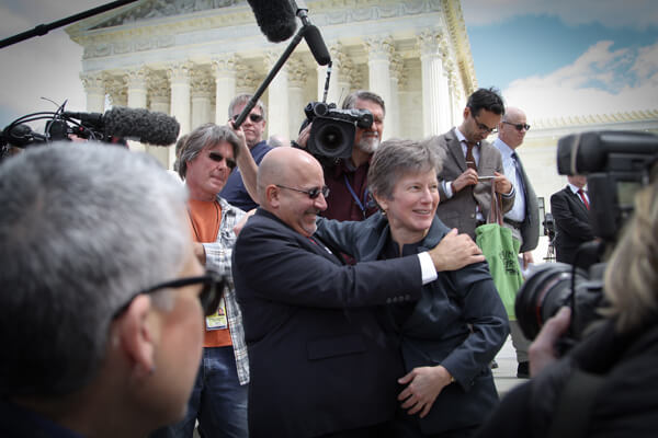 Evan Wolfson and Mary Bonauto on the steps of the US Supreme Court on June 26, 2015, the day the nationwide marriage equality ruling was handed down. | EYEPOP PRODUCTIONS AND ARGOT PICTURES 
