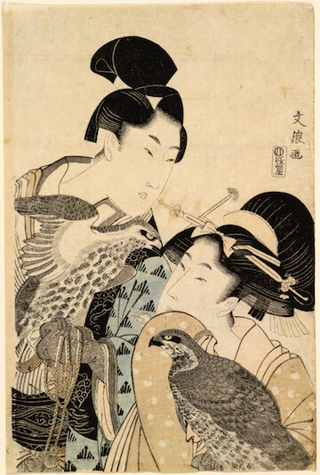 “Wakashu and Young Woman with Hawks” (circa 1803), a color woodblock print by BunrÅ (active 1801–1804). | ROYAL ONTARIO MUSEUM/ PHOTO BY BRIAN BOYLE
