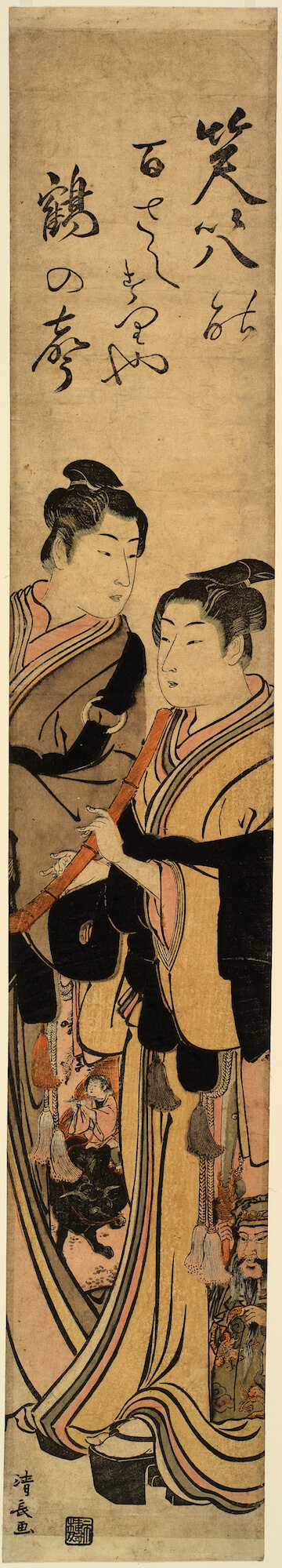 Torii Kiyonaga (1752–1815), “Two Wakashu, One Playing Shakuhachi”, 1782. Color woodblock pillar print. Sir Edmund Walker Collection. © ROM